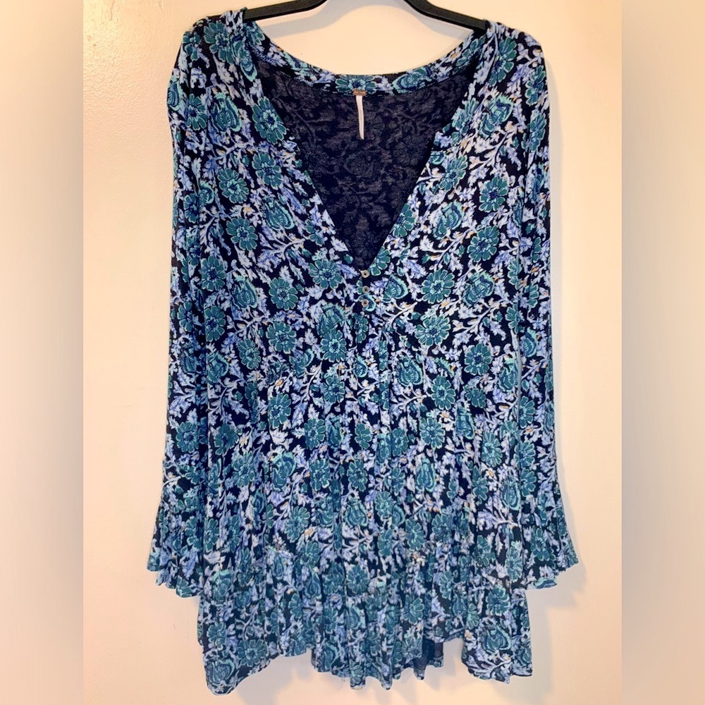Free People Olivia Printed Ruffle Tunic Dress in Deep Sea Combo Size Small